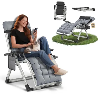 Obrázek produktu pro TRMLBE Sklopné lehátko do zahrady s nastavitelným opěradlem, držákem na nápoje, ergonomické relaxační lehátko do zahrady, na balkon a terasu, šedé