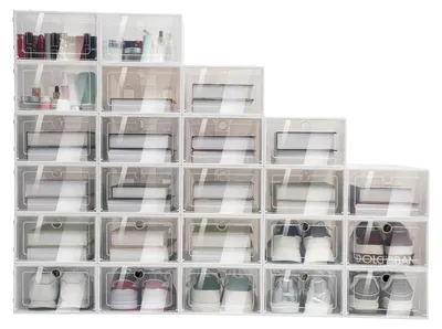 Produktbild von Aufbewahrungsboxen - Set mit 24 Schuhboxen - Stapelbar Kunststoff PP/ABS 33×23×14 cm für Schuhe bis 31 cm - Steck- und Klickverschluss - Weiß