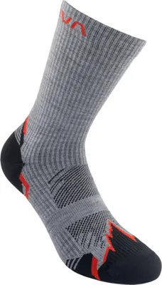 Grau-rote Wandersocken von La Sportiva mit verstärktem Fußbereich und atmungsaktivem Material.