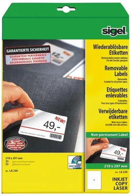 Produktbild von Etiketten Inkjet/Laser Kopier 210x297mm ablösbar VE=10x25 Stück (25 Blatt) weiß