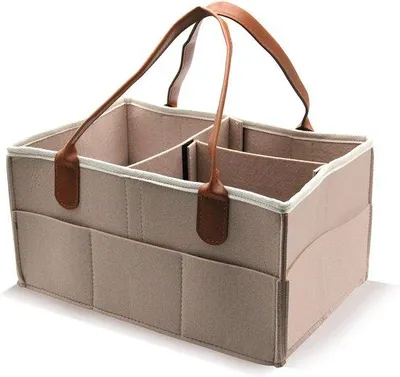 Produktbild von Unyqoos® Wickel-Organizer – tragbarer Aufbewahrungskorb für Wickeltisch, Baby-Organizer 35×23×18 cm, Beige mit verstellbaren Fächern und Seitentaschen