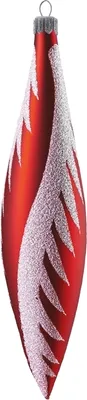 A red and silver Christmas ornament shaped like a teardrop with a pointed end.
