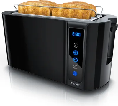 Produktbild von Arendo Toaster 4 Scheiben, Langschlitz, Edelstahl, 1500W, Touch, Display mit Restzeitanzeige, Brötchenaufsatz, Auftaufunktion, Wärmeisolierendes Gehäuse, schwarz-hochglanz