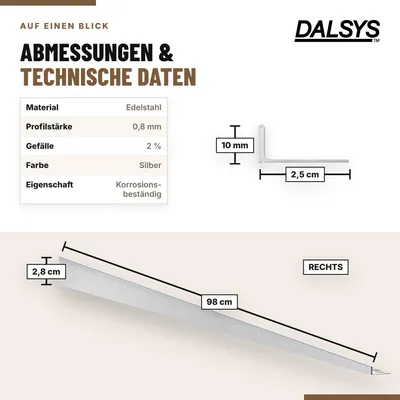 Produktbild von Dalsys Gefällekeil Fliesenschiene 98cm x 10mm rechts Silber Edelstahl