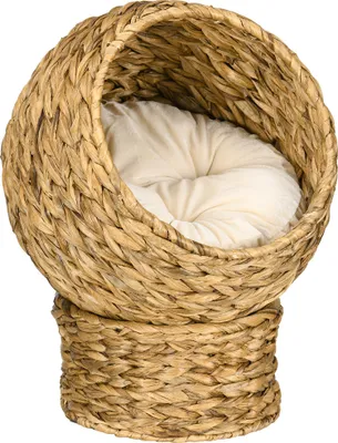 Produktbild von Rattan-Katzenkorb – Katzenhöhle/Katzenhütte mit Kissen, Wasserhyazinthe, Braun, 40 × 37 × 51 cm