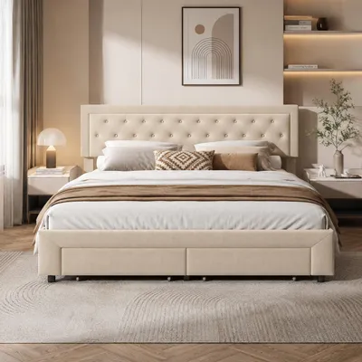 Immagine prodotto di INONEFT, Letto imbottito idraulico 180x200 cm, letto matrimoniale con 2 cassetti, struttura a molle con rete a doghe, senza materasso, rivestito in velluto color beige, Immagine generata dall'IA