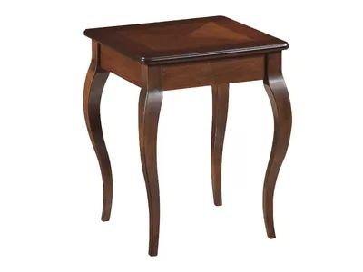 A dark brown wooden side table with curved legs.