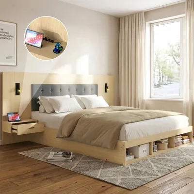 Produktbild von Doppelbett 160x200 cm mit USB & Leselampe – Stauraumbett in Eiche hell, inkl. 2 Nachttische, MDF-Konstruktion, für Jugendzimmer & Schlafzimmer, 205x232x115 cm