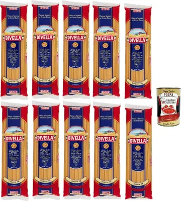 Produktbild von Divella Pasta 100% Italienisch Linguine N° 14, Nudeln aus Hartweizengrieß, Kochen 8 Minuten 10x 500g + Italian Gourmet polpa 400g