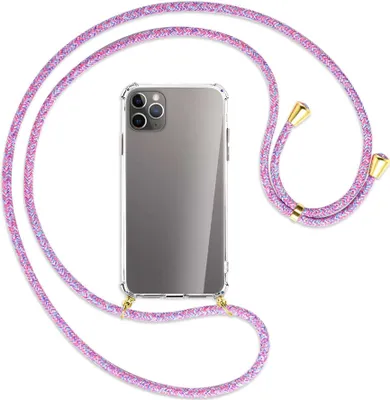 Produktbild von Handykette Backcover-Schutzhülle mit Band (Metall goldfarben) für Apple iPhone 11 Pro Max - lila/rosa/blau