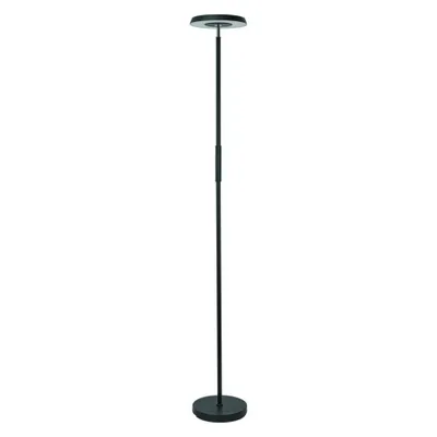 A black LED floor lamp with a circular head stands against a white background.