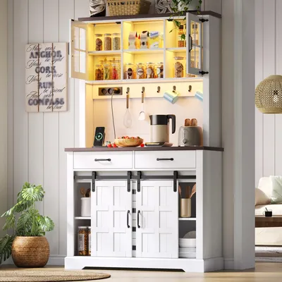 Produktbild von MODFU Küchenschrank mit großzügiger Arbeitsplatte,Mehrzweckschrank mit LED und Steckdose,Hochschrank mit Glastüren,Schubladen,Schiebetüren und Edelstahlhaken,180 × 108 × 40 cm,Weiß