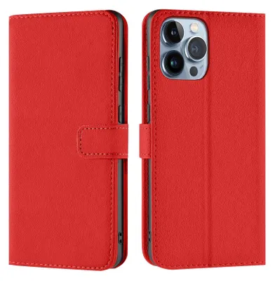 A red flip case for an iPhone 13 Pro Max is shown from two angles.
