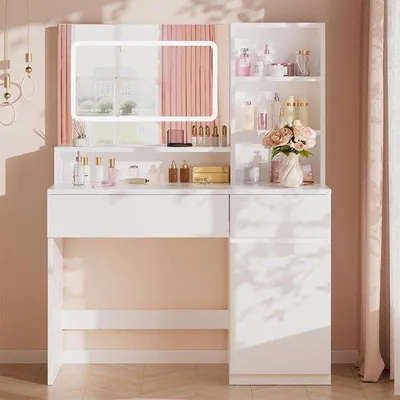 Productafbeelding van Kaptafel met Verlichting - Make-up Tafel Bureau - Schoonheidsroutine - Instelbare Helderheid - 90 x 40 x 135 CM - Wit
