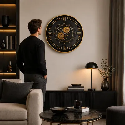 Immagine prodotto di Orologio da parete nero e oro, con ingranaggi, meccanico, stile industriale, decorativo, vintage