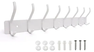 Image de Barre de crochets, métal, patère murale, 8 crochets, blanc, 48 cm