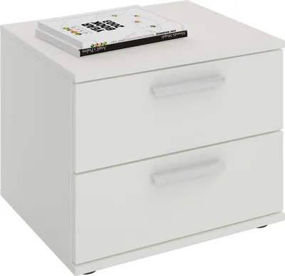 A white nightstand with two drawers is shown against a white background.