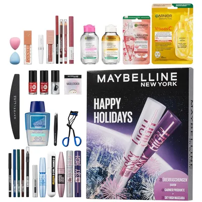 Produktbild von Maybelline New York Adventskalender 2025 mit 31 Türchen, 26 Originalprodukten & 5 Goodies, inkl. 2 Sky High Mascara & 4 Garnier Skincare Highlights