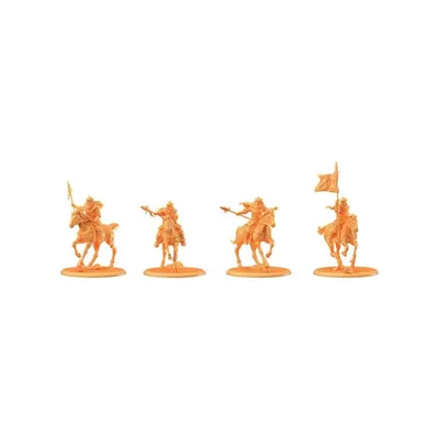 Four orange miniature figures of knights on horseback, each with a spear or flag, are arranged in a line against a white background.