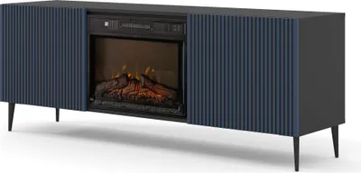 Produktbild von TV-Schrank RAVENNA 2D 170 cm mit Kamin SCHWARZ MATT / DUNKELBLAU auf schwarzen Beinen