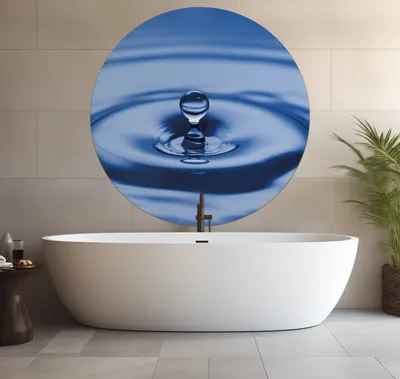 Produktbild von Wallario wasserfestes Poster selbstklebend 120 x 120 cm, Wassertropfen im blauen Wasser, Badezimmerposter Spritzschutz mit Hochglanzoberfläche in Glasoptik