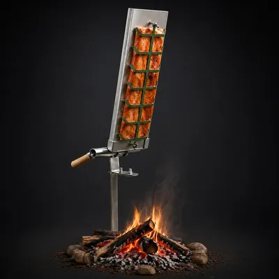 Produktbild von Flammlachsblech 50x14cm aus Edelstahl inkl. Edelstahlhalterung für Lagerfeuer / offene Feuerstellen