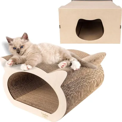 Produktbild von Creative Pets Katzen Kratzbrett Kratzpappe verstärkt mit Sperrholz | Natürlicher Kratzbaum 37 x 36 x 23 cm 2in1 Kratzbaum + Katzenhaus