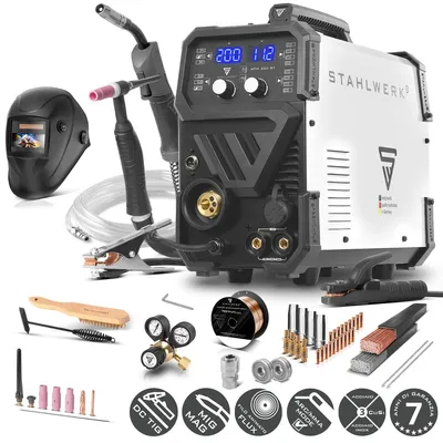 Immagine prodotto di Saldatrice ad arco schermata a gas STAHLWERK 3-in-1 combi MTM-200 ST - completamente equipaggiata - TIG, MIG/MAG, MMA/Mano fino a 200 A, azionamento a 4 rulli, adatta per filo animato