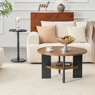 Produktbild von 2-teiliges Set runder Couchtische – 80cm Tisch mit Stauraum & 38cm Beistelltisch, Holzfaserplatte mit PVC-Saugpressverfahren, für Wohnzimmer & Schlafzimmer
