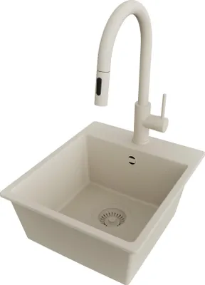 Produktbild von PRIMAGRAN Granitspüle Beige 38x44cm, Spülbecken 1 Becken + Küchenarmatur 40x20cm + Ablauf-Set, Küchenspüle ab 40er Unterschrank - Riga Easy