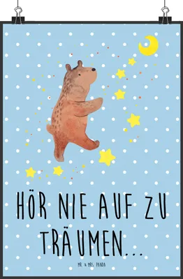 Produktbild von Mr. & Mrs. Panda Bild Bär Träume DIN A2 - Blau Pastell - Geschenk, Plakat, Träumen, Wanddekoration, Teddy, Traumdeutung, Kunstdruck, wanddeko, drucke, Traum