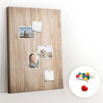 Obrázek produktu pro Korková nástěnka s kolíčky - Tabule s kolíky pro fotografie a poznámky - 70x100 cm - Připínáčky barevné 100 kusů - Světlé barevné desky