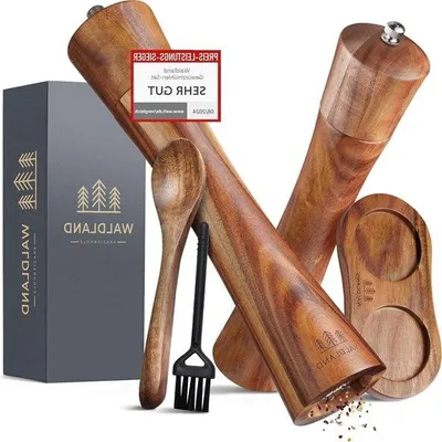 Produktbild von Famanu Salz- und Pfeffermühle - Holz mit Keramikmahlwerk - 25 cm - Set mit Untersetzern
