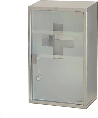 Produktbild von Natsen Edelstahl Medizinschrank abschließbare Apothekerschrank, Arzneischrank Erste Hilfe Schrank mit Glastür 45x30x12cm (Silber, 3 Fächer)