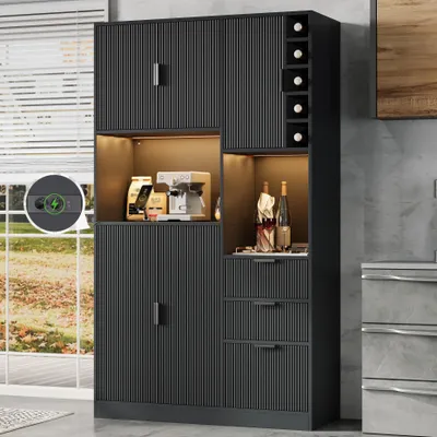 Produktbild von okwish Küchenschrank Hochschrank mit LED Beleuchtung und Steckdosen Aufbewahrungsschrank mit Weinregal und 3 Schubladen Wohnzimmerschrank mit verstellbaren Einlegeböden Schwarz