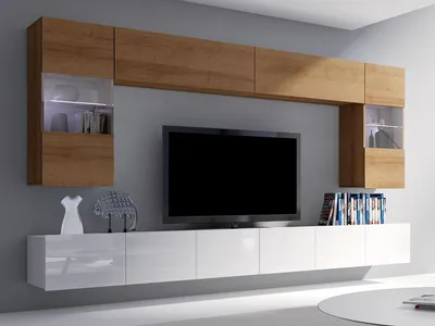 Produktbild von Moderne Wohnwand CALABRINI-1 Wohnzimmer-Set Hängewohnwand Schrankwand mit LED-Beleuchtung Hochglanz TV-Schrank Anbauwand (Goldene Eiche + Weiß)