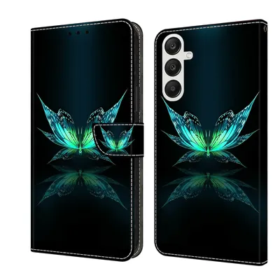 A flip-style phone case with a butterfly design is shown, with the case open and closed.