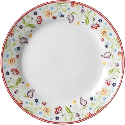 A white plate with a colorful floral pattern around the rim.