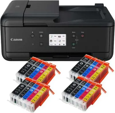 A black Canon Pixma printer with multiple ink cartridges in front of it.