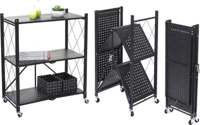 Produktbild von Klappbares Regal auf Rollen KLAP | HxBxT 87x72x34cm | 3 Ebenen | Belastbarkeit 150kg | Schwarz Klappregal Wohnregal Metallregal Lagerregal Bücherregal Küchenregal