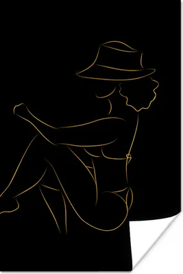 Produktbild von MuchoWow® Poster Frau - Hut - Gold - Schwarz 120x180 cm - Kunstposter