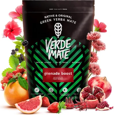 Image de Verde Mate - Thé maté Grenade Boost 500 g - Feuilles de 5 mm d'épaisseur, sans poussière - Doux - Grenade, guarana - Séché à l'air libre - Yerba maté du Brésil