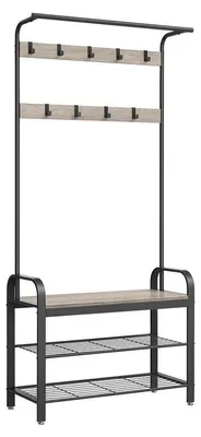 Image de Porte-manteau avec 9 crochets et banc à chaussures – Acier – Chêne blanc – 32 x 70 x 175 cm