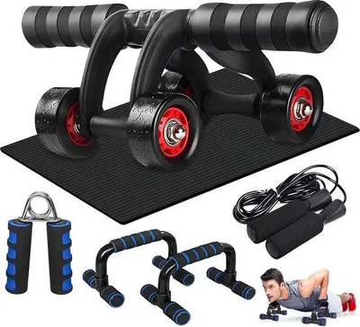 Productafbeelding van Famanu Trainingsset 5-in-1 - Buikroller, kniekussen, springtouw, push-up handgrepen, handkrachttrainer