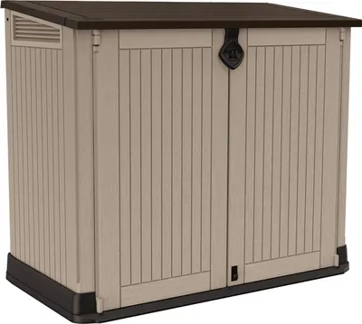 A storage box with double doors and a sloped roof, shown from a front-side angle against a white background.