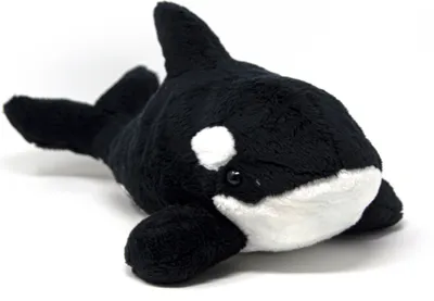 A plush toy orca whale is shown lying on a white background.
