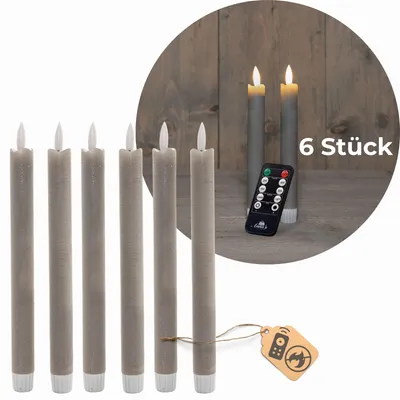 Produktbild von Stabkerzen LED mit Timer TAUPE GRAU 6 Stück Indoor 6 Stunden ECHTWACHS 18cm Höhe für Kerzen 2,2cm Durchmesser 2 AAA Batterien notwendig LED Stabkerzen 4er Set 2x bewegliche Flamme Licht