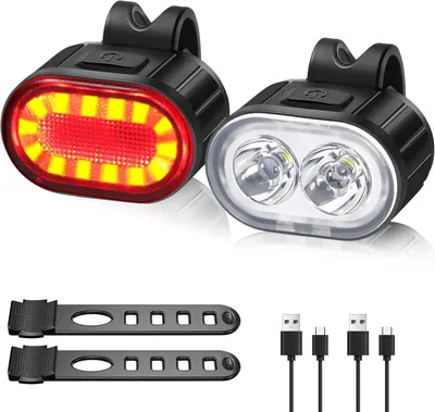 Image de Éclairage avant et arrière à LED pour vélo, éclairage de vélo USB, rechargeable, 4/6 modes (fixe/stroboscopique), étanche IPX4
