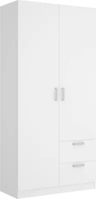 Produktbild von Kleiderschrank Dmotta, Garderobe für Schlafzimmer, Kleiderschrank mit 2 Flügeltüren und 2 Schubladen, 100x52h215 cm, Weiß
