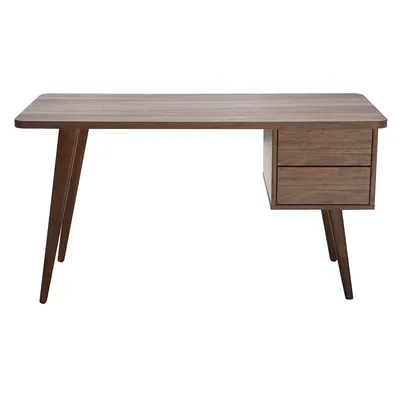 A studio shot of a wooden desk with drawers.